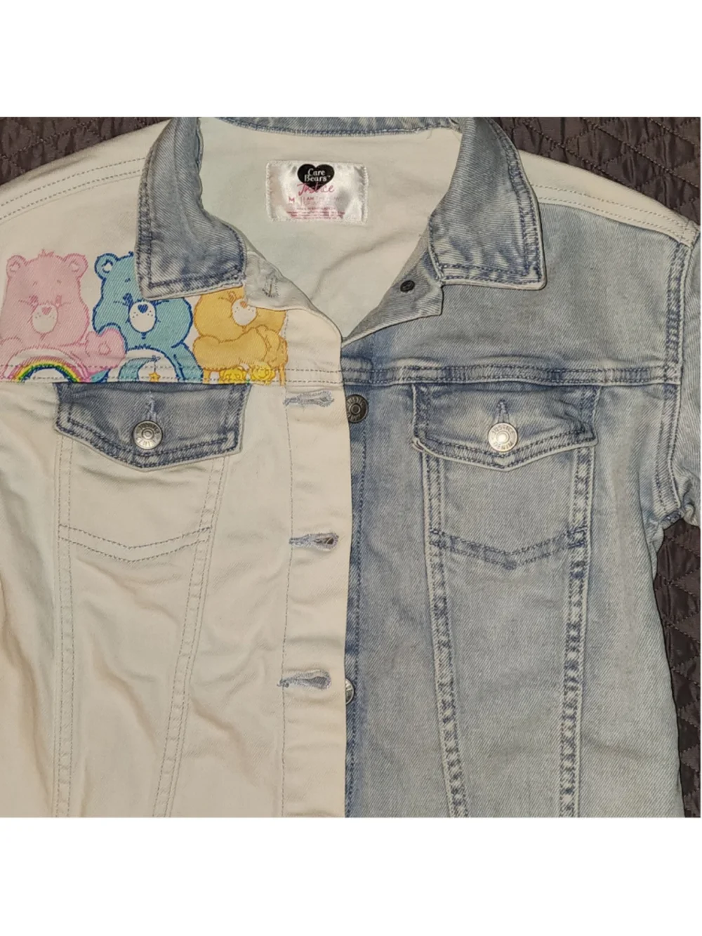 Care Bears Justice Denim Jacket Youth Size M 10 Split Color White Blue Patchwork